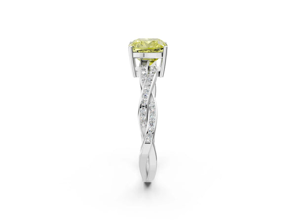 White gold Fancy Yellow Cushion  Solitaire Twisted Pave Diamond Ring with Four-Prong Setting