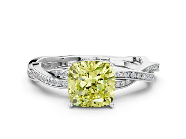 White gold Fancy Yellow Cushion  Solitaire Twisted Pave Diamond Ring with Four-Prong Setting