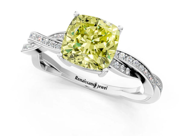 White gold Fancy Yellow Cushion  Solitaire Twisted Pave Diamond Ring with Four-Prong Setting
