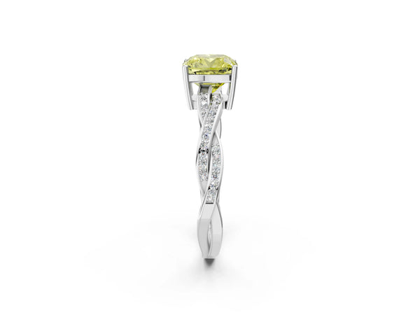 White gold Fancy Yellow Cushion  Solitaire Twisted Pave Diamond Ring with Four-Prong Setting