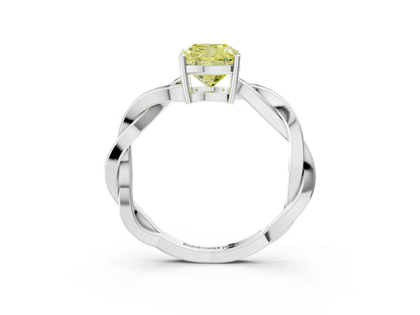 White gold Fancy Yellow Cushion  Solitaire Twisted Pave Diamond Ring with Four-Prong Setting
