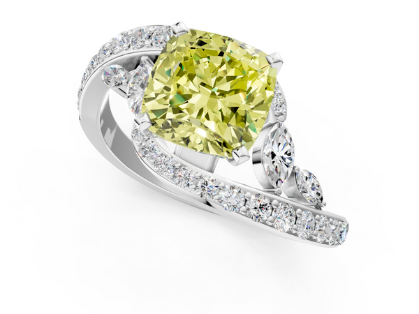 Platinum Fancy Yellow Cushion  Solitaire with Pavé Twist Band and Four-Prong Setting