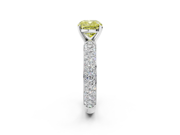 White gold Fancy Yellow Cushion  Diamond Solitaire Ring with Prong Setting and Pavé Band