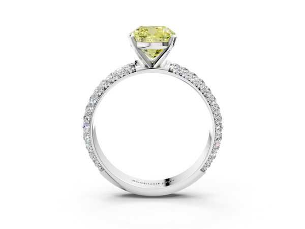 White gold Fancy Yellow Cushion  Diamond Solitaire Ring with Prong Setting and Pavé Band