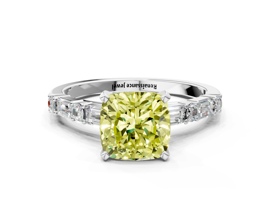 White gold Fancy Yellow Cushion  Solitaire with Side Baguettes and Channel Set Band_41