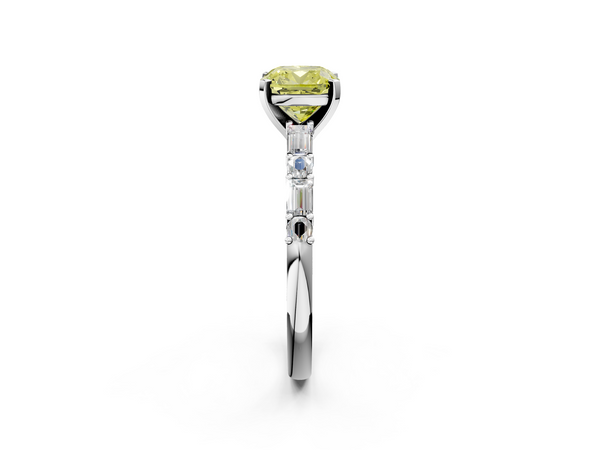 Platinum Fancy Yellow Cushion Cut Diamond Solitaire with Side Baguettes and Channel Set Band