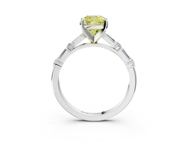 Platinum Fancy Yellow Cushion Cut Diamond Solitaire with Side Baguettes and Channel Set Band