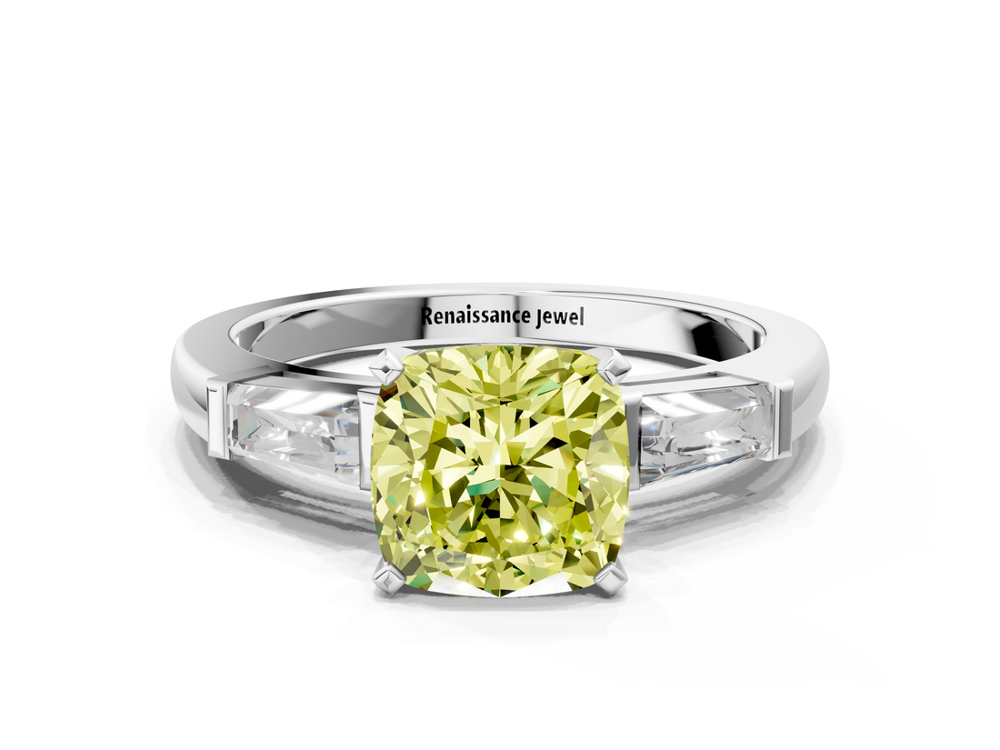 White gold Fancy Yellow Cushion  Solitaire with Tapered Baguette Side Stones on a Classic Band with Four-Prong Setting_93