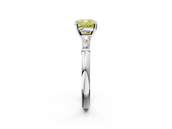 Platinum Fancy Yellow Cushion  Solitaire with Tapered Baguette Side Stones on a Classic Band with Four-Prong Setting