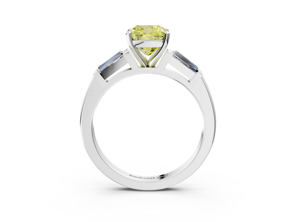 Platinum Fancy Yellow Cushion  Solitaire with Tapered Baguette Side Stones on a Classic Band with Four-Prong Setting
