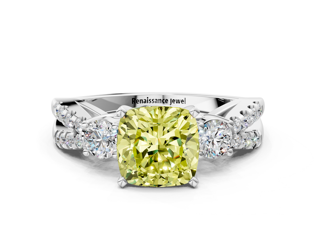 White gold Fancy Yellow Cushion  Three-Stone Diamond Ring with Pavé Split Shank and Four-Prong Setting_50
