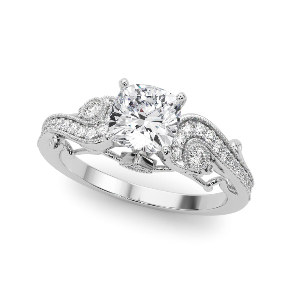White gold Fancy Yellow Cushion cut Solitaire with Milgrain Pave Band and Four-Prong Setting