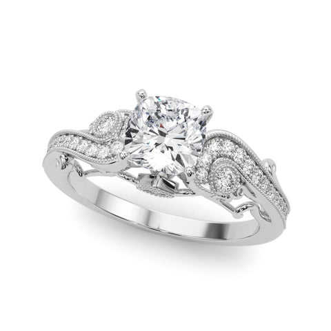 White gold Fancy Yellow Cushion cut Solitaire with Milgrain Pave Band and Four-Prong Setting