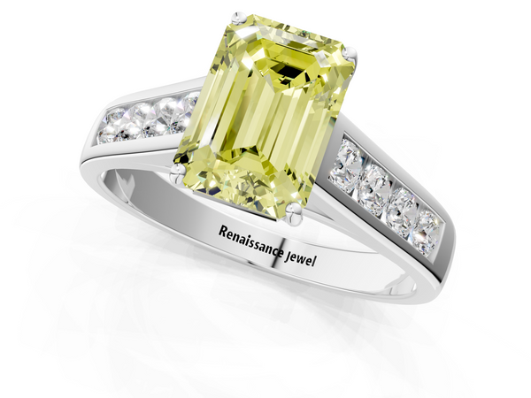 White gold Fancy Yellow Emerald  Brilliant Channel-Set Solitaire Ring with Four-Prong Setting