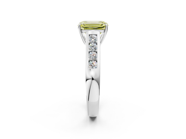 White gold Fancy Yellow Emerald  Brilliant Channel-Set Solitaire Ring with Four-Prong Setting