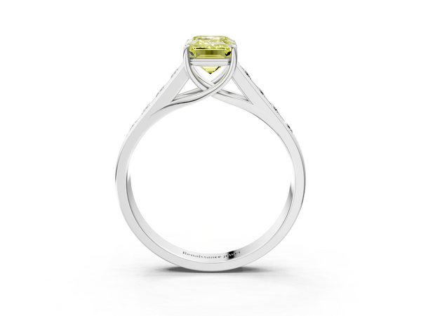 White gold Fancy Yellow Emerald  Brilliant Channel-Set Solitaire Ring with Four-Prong Setting