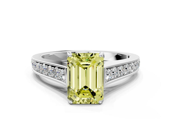 Platinum Fancy Yellow Emerald  Brilliant Cut Diamond Engagement Ring with Pavé Band and Four-Prong Setting