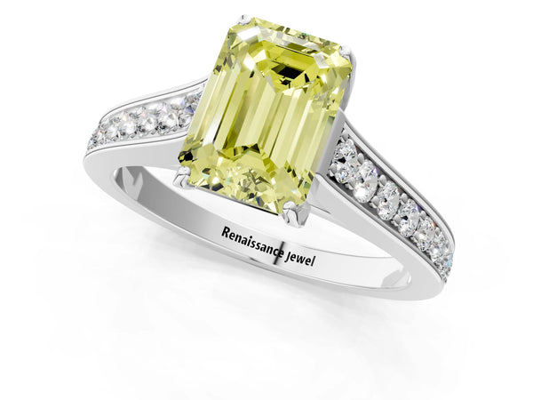 Platinum Fancy Yellow Emerald  Brilliant Cut Diamond Engagement Ring with Pavé Band and Four-Prong Setting
