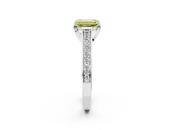 Platinum Fancy Yellow Emerald  Brilliant Cut Diamond Engagement Ring with Pavé Band and Four-Prong Setting