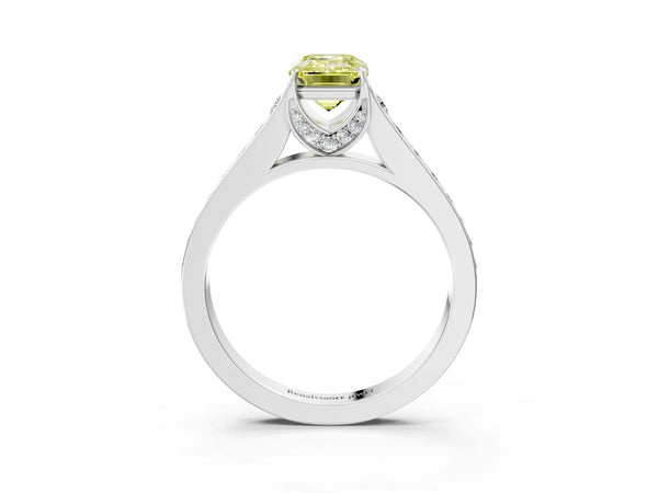 Platinum Fancy Yellow Emerald  Brilliant Cut Diamond Engagement Ring with Pavé Band and Four-Prong Setting