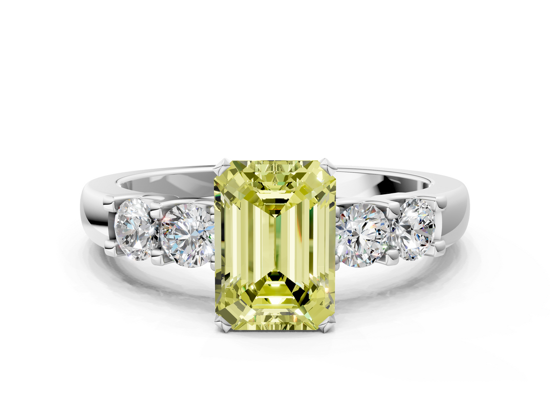 White gold Fancy Yellow Emerald  Brilliant Cut Diamond Five-Stone Prong Set Engagement Ring with Channel Band_3