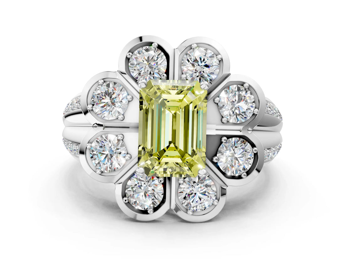 White gold Fancy Yellow Emerald  Brilliant Flower Halo Diamond Split Shank Ring_111