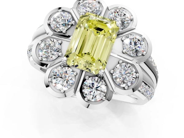 White gold Fancy Yellow Emerald  Brilliant Flower Halo Diamond Split Shank Ring