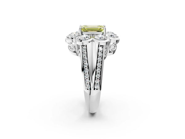 White gold Fancy Yellow Emerald  Brilliant Flower Halo Diamond Split Shank Ring