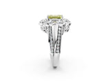 White gold Fancy Yellow Emerald  Brilliant Flower Halo Diamond Split Shank Ring_113