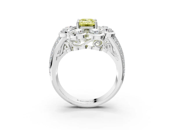 White gold Fancy Yellow Emerald  Brilliant Flower Halo Diamond Split Shank Ring