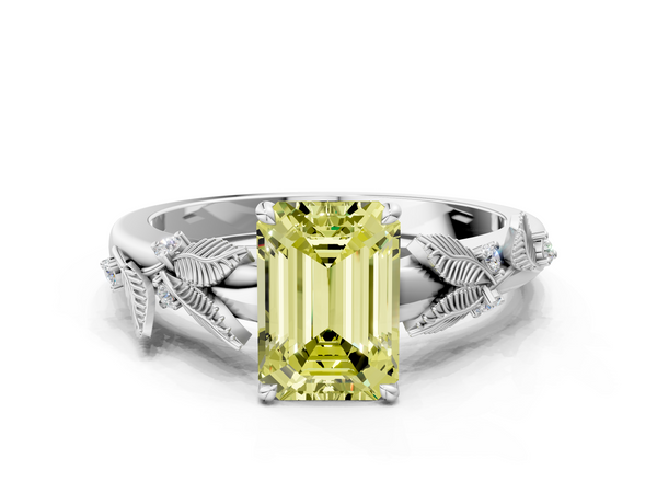 White gold Fancy Yellow Emerald Cut Diamond Solitaire Ring with Leaf Motif Band and Four-Prong Setting