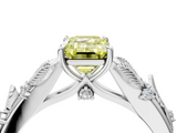 White gold Fancy Yellow Emerald  Brilliant Solitaire with Leaf Motif Band and Four-Prong Setting_67