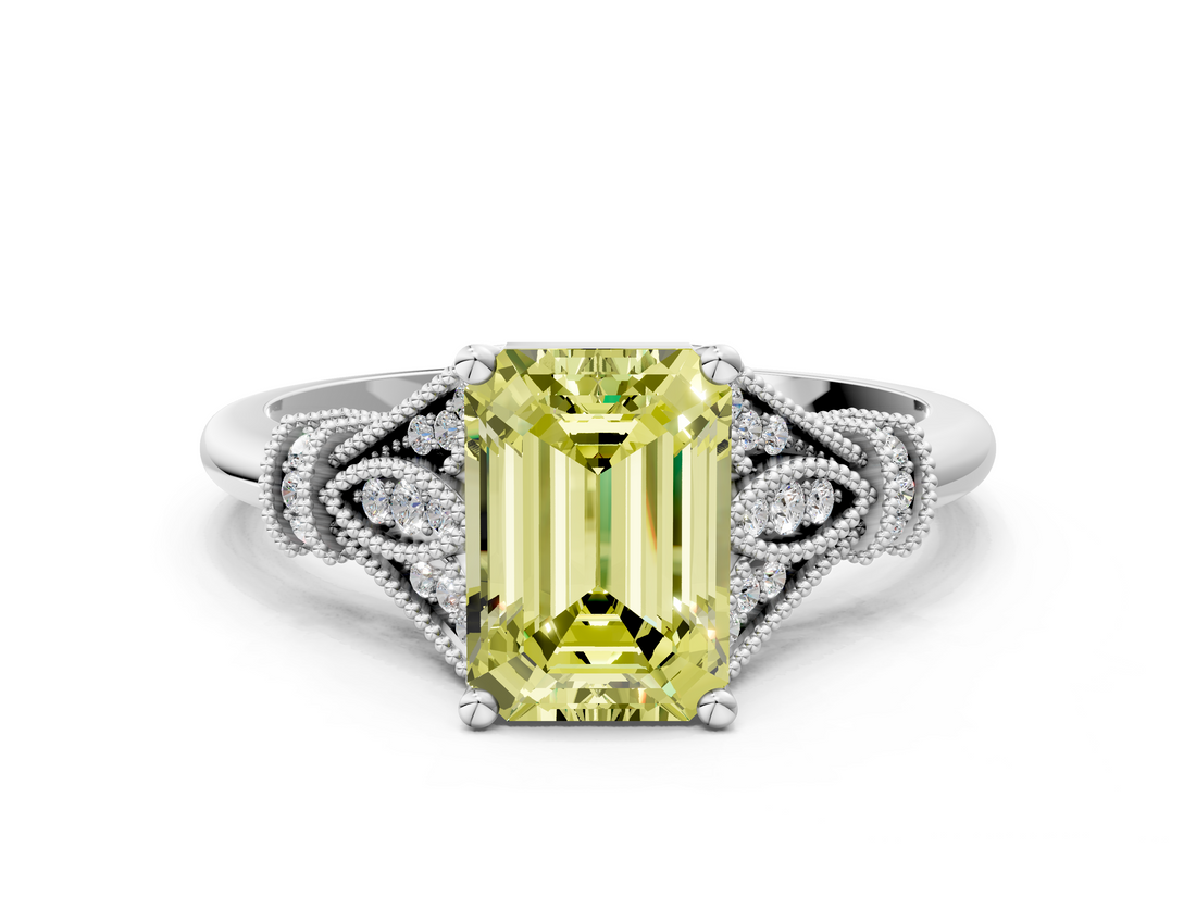 White gold Fancy Yellow Emerald  Brilliant Solitaire with Pave Band and Four-Prong Setting_20