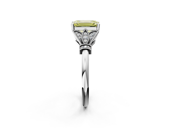 White gold Fancy Yellow Emerald  Diamond Solitaire Ring with Floral Filigree and Pave Accents