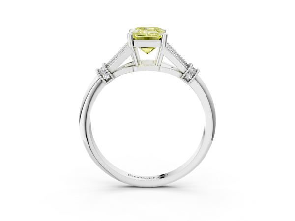 White gold Fancy Yellow Emerald  Diamond Solitaire Ring with Floral Filigree and Pave Accents