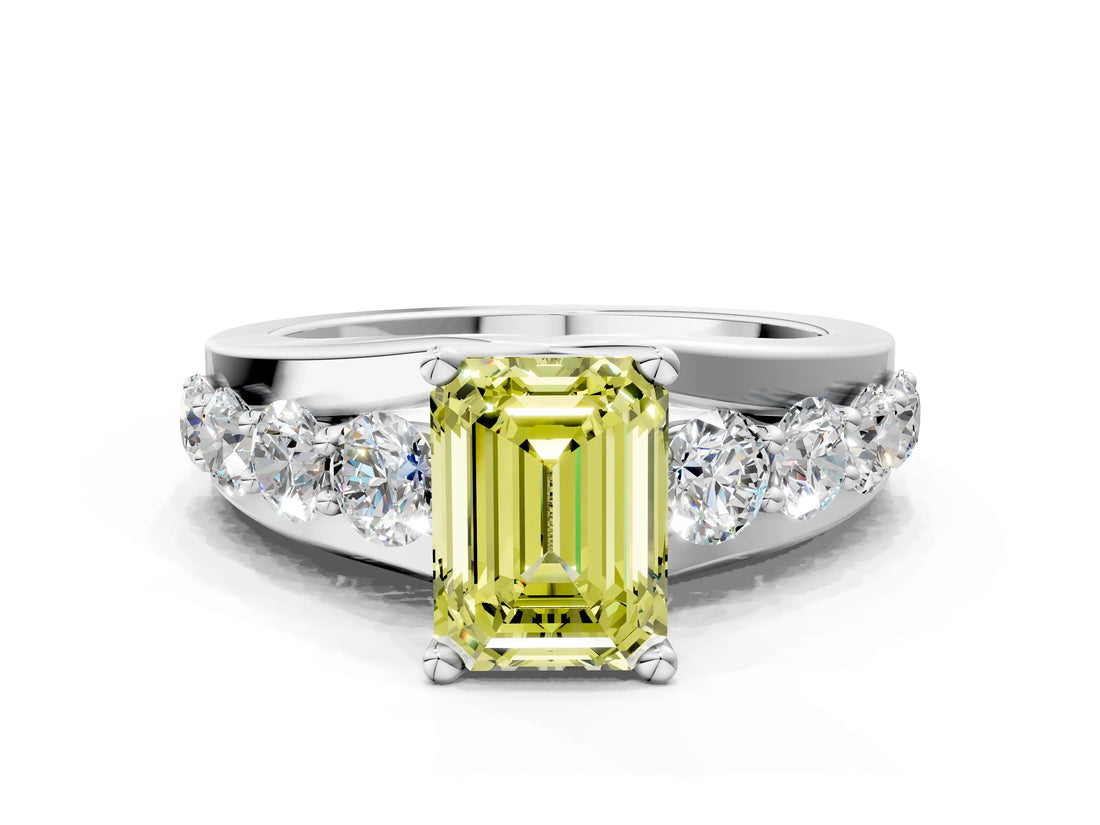 White gold Fancy Yellow Emerald  Brilliant Solitaire with Side Stones on a Pave Band and Four-Prong Setting_60