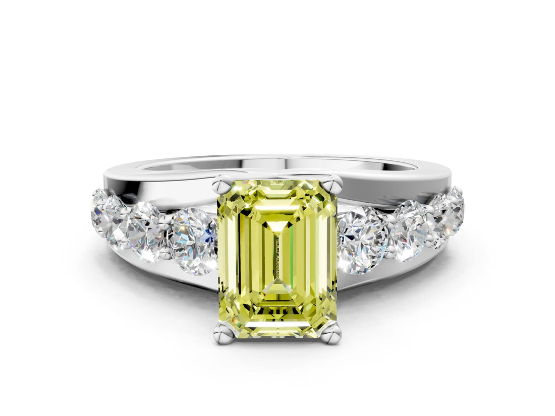 White gold Fancy Yellow Emerald  Brilliant Solitaire with Side Stones on a Pave Band and Four-Prong Setting_96