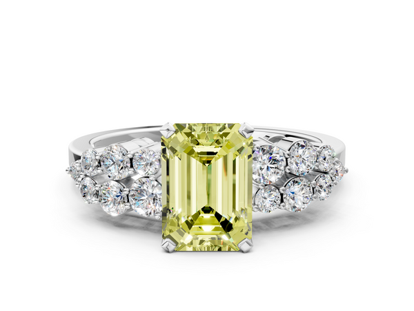 Platinum Fancy Yellow Emerald  Cluster Diamond Engagement Ring with Pavé Band and Four-Prong Setting