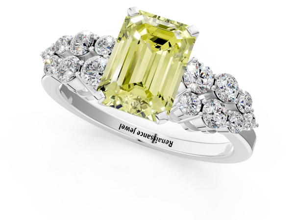 Platinum Fancy Yellow Emerald  Cluster Diamond Engagement Ring with Pavé Band and Four-Prong Setting
