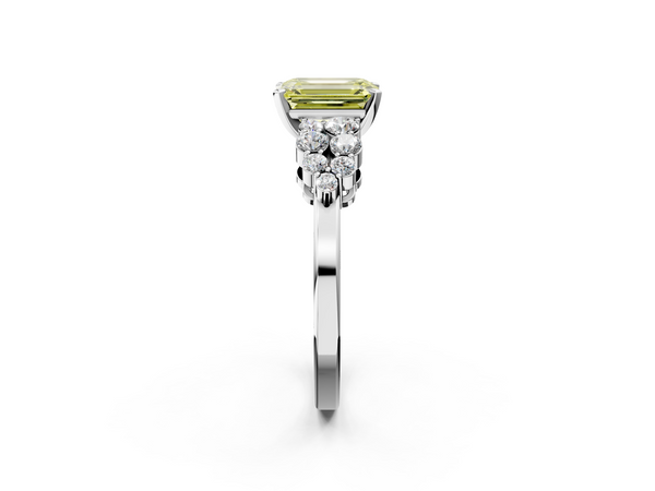 Platinum Fancy Yellow Emerald  Cluster Diamond Engagement Ring with Pavé Band and Four-Prong Setting