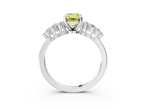 Platinum Fancy Yellow Emerald  Cluster Diamond Engagement Ring with Pavé Band and Four-Prong Setting