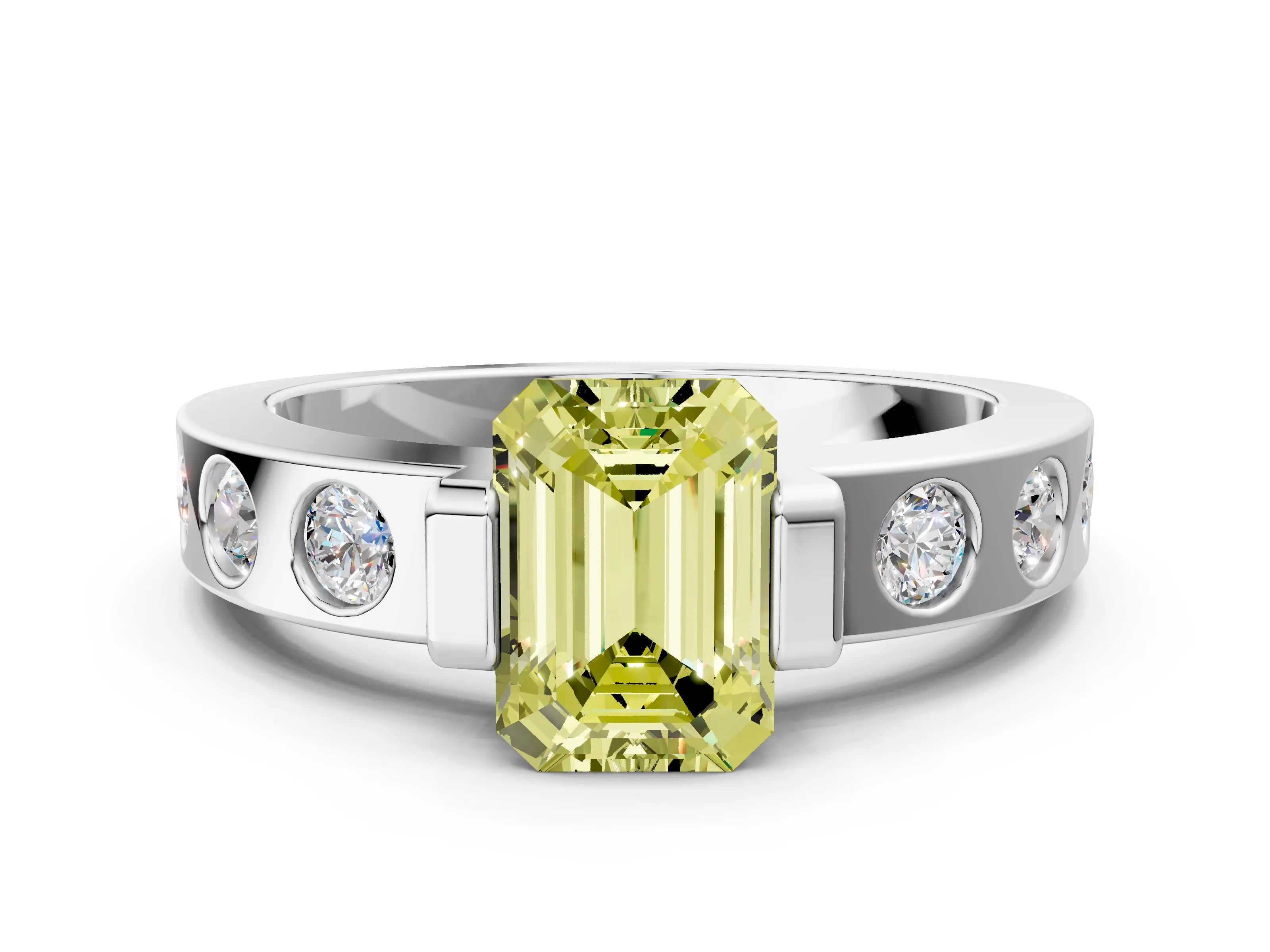 White gold Fancy Yellow Emerald Cut Brilliant Channel-Set Diamond Ring with Bezel Prong Setting