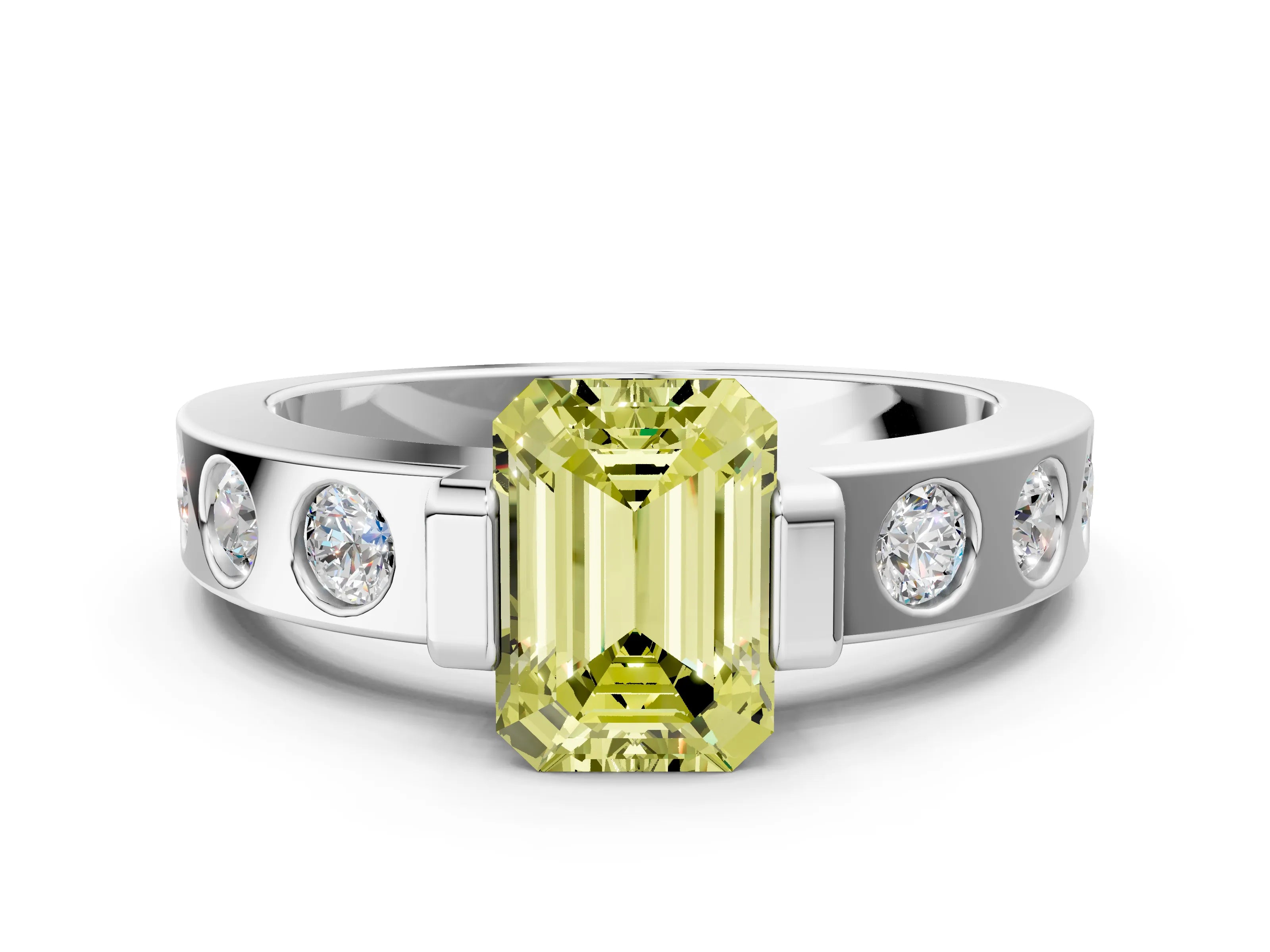 White gold Fancy Yellow Emerald Cut Brilliant Channel-Set Diamond Ring with Bezel Prong Setting_12