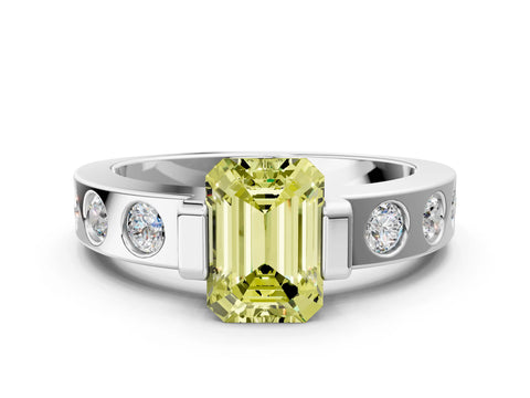 White gold Fancy Yellow Emerald Cut Brilliant Channel-Set Diamond Ring with Bezel Prong Setting_12