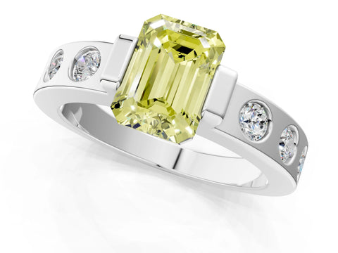 White gold Fancy Yellow Emerald Cut Brilliant Channel-Set Diamond Ring with Bezel Prong Setting_13