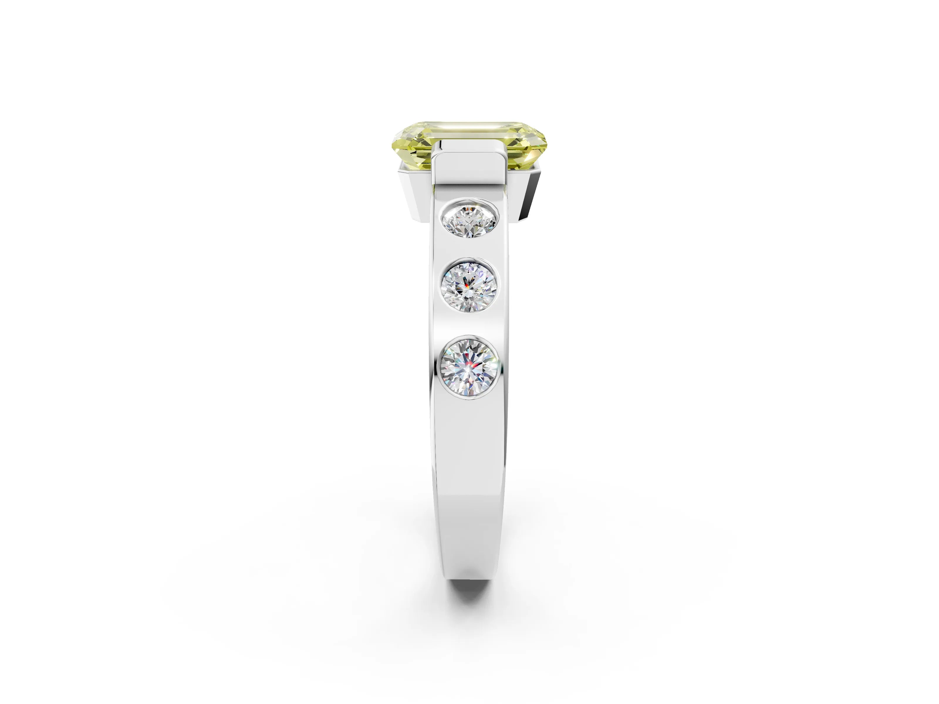 White gold Fancy Yellow Emerald Cut Brilliant Channel-Set Diamond Ring with Bezel Prong Setting_14