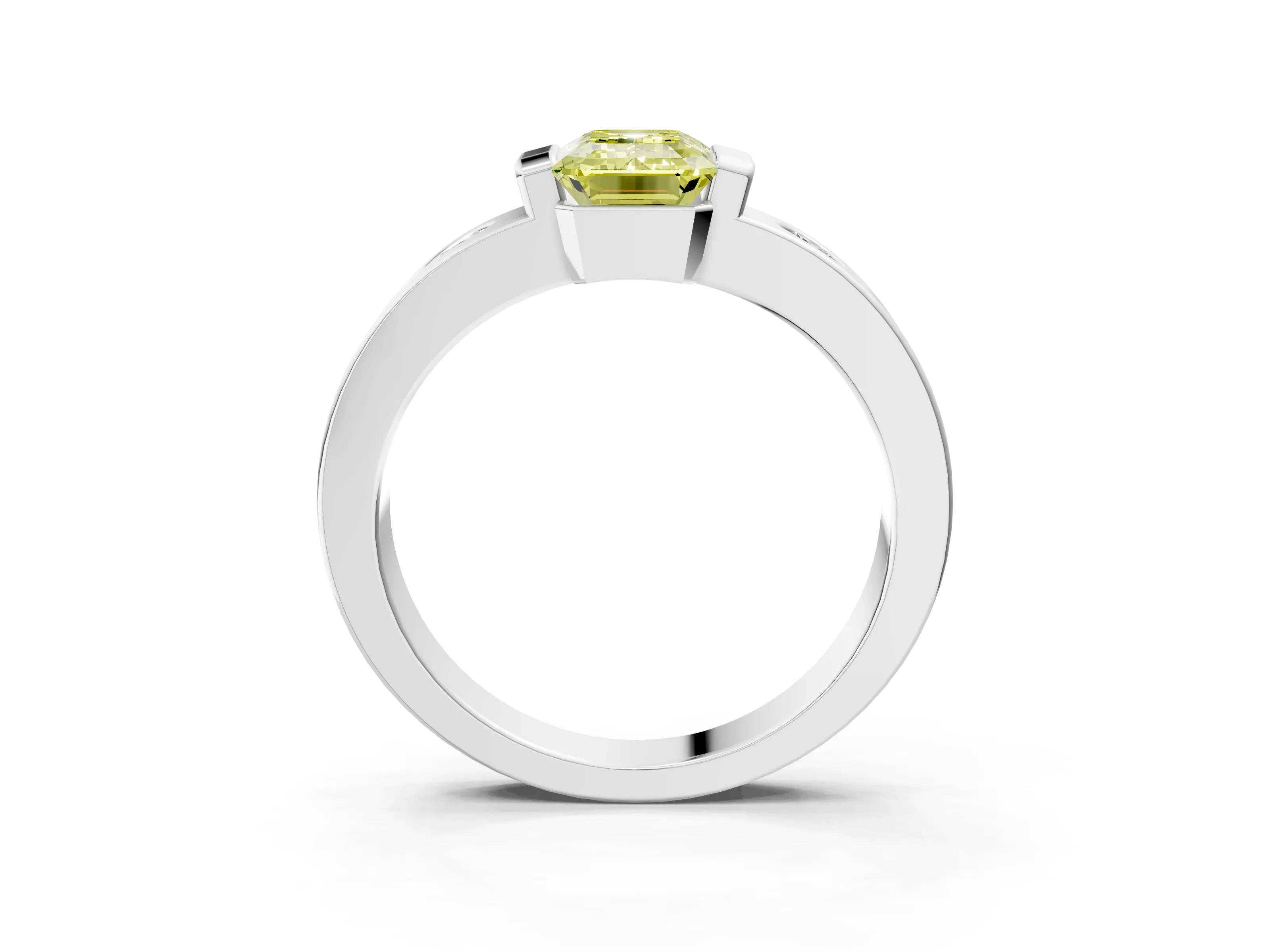 White gold Fancy Yellow Emerald Cut Brilliant Channel-Set Diamond Ring with Bezel Prong Setting_15