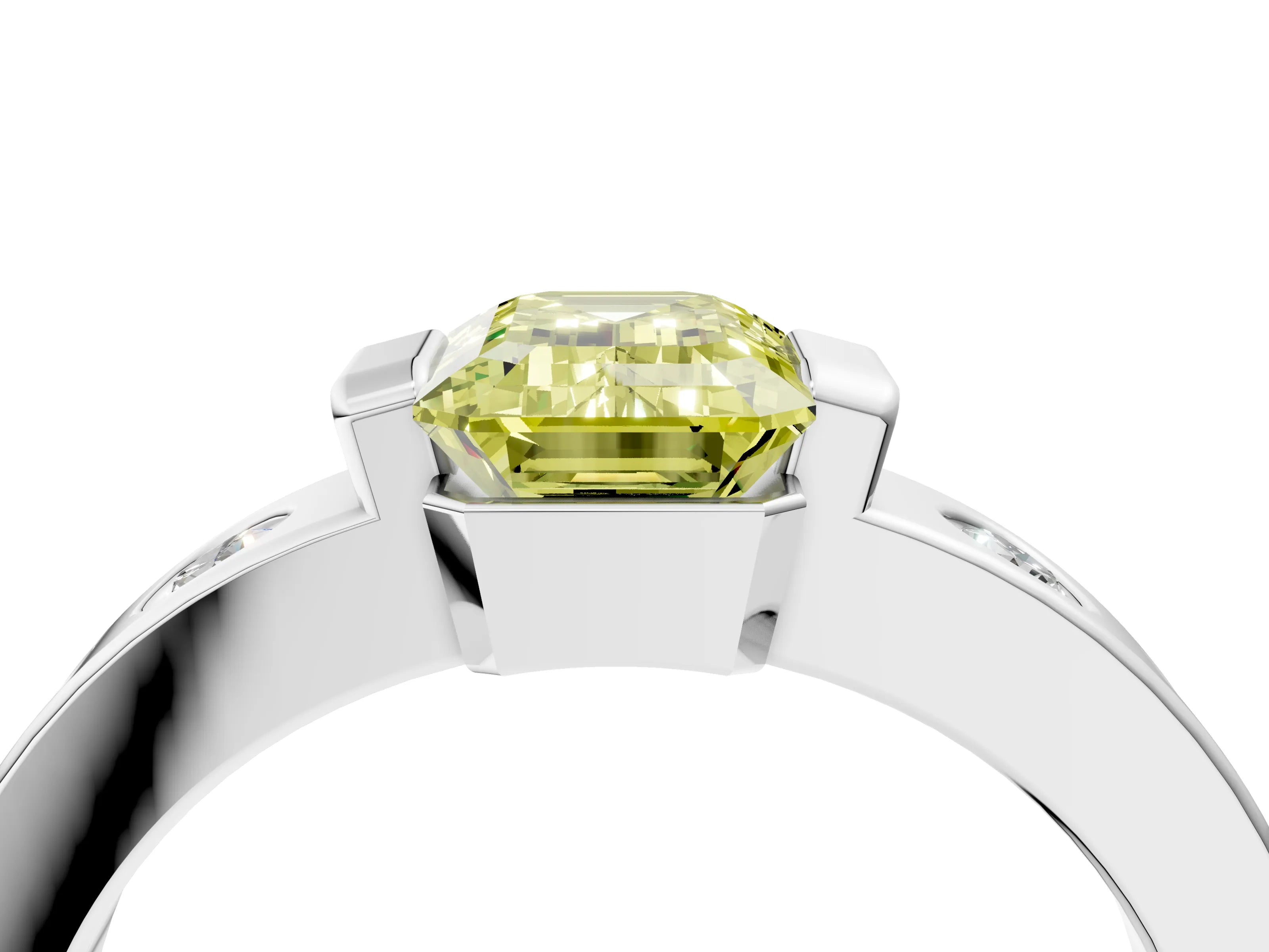 White gold Fancy Yellow Emerald Cut Brilliant Channel-Set Diamond Ring with Bezel Prong Setting_16