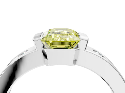 White gold Fancy Yellow Emerald Cut Brilliant Channel-Set Diamond Ring with Bezel Prong Setting_16