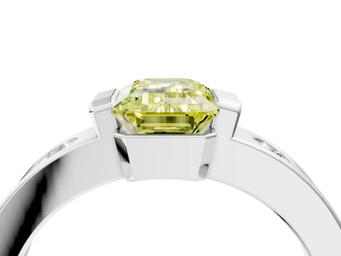 White gold Fancy Yellow Emerald Cut Brilliant Channel-Set Diamond Ring with Bezel Prong Setting_4